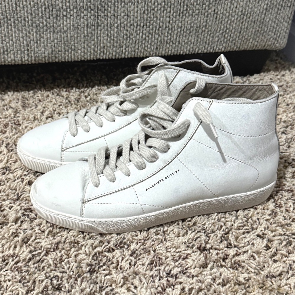 AllSaints White Leather High Top Sneakers Lace Up Logo Shoes Womens 40 EU